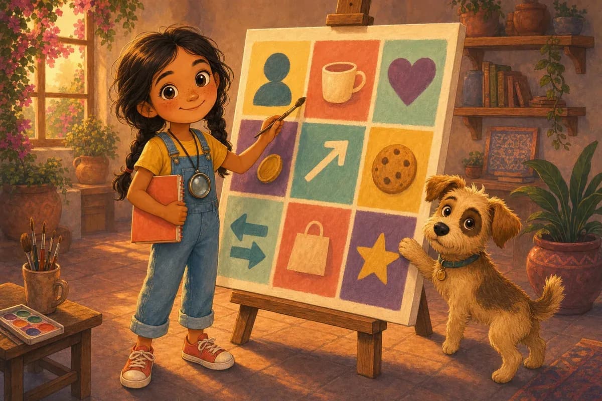 Lila ordena en un tablero de colores los pasos de su idea mientras Coco mira.