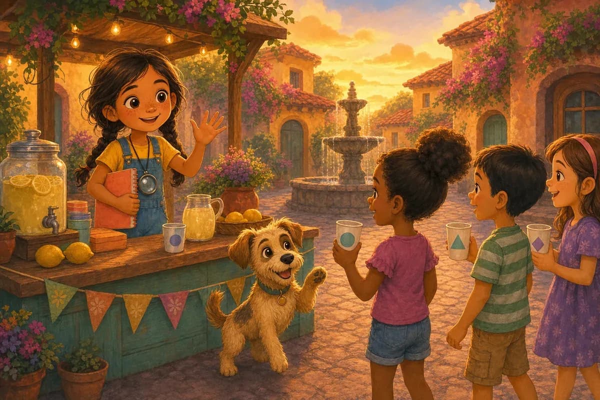 Lila atiende su puesto en la plaza mientras varios vecinos se acercan, con Coco a su lado.