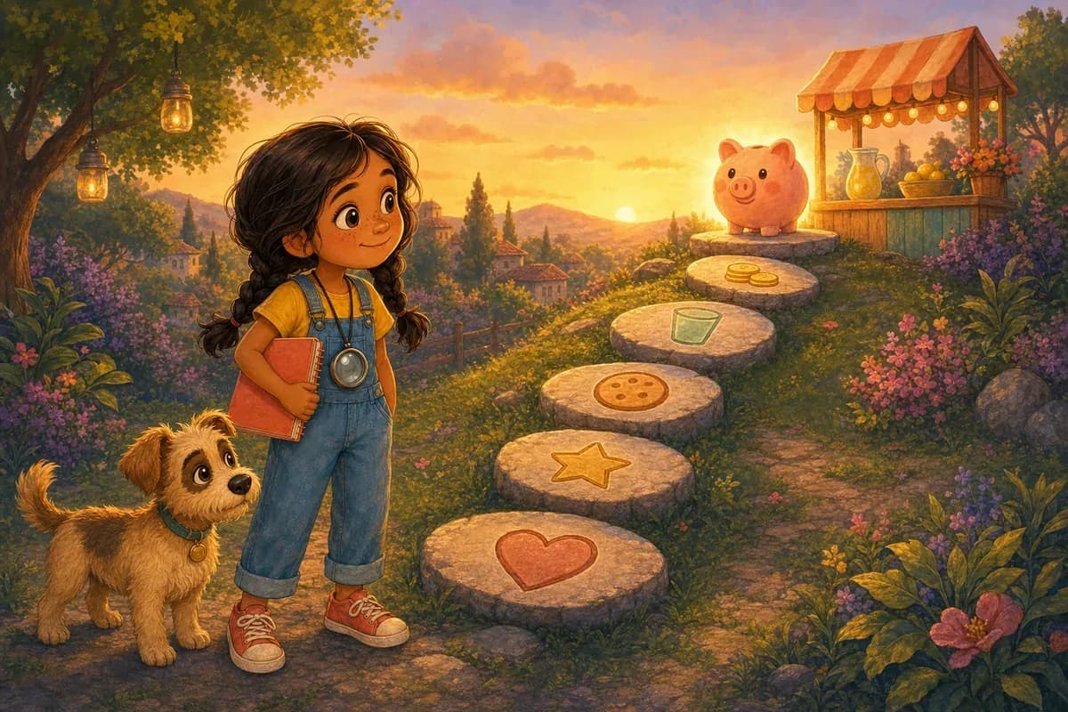 Lila y Coco miran un camino de piedras con metas que lleva a una alcancía al atardecer.
