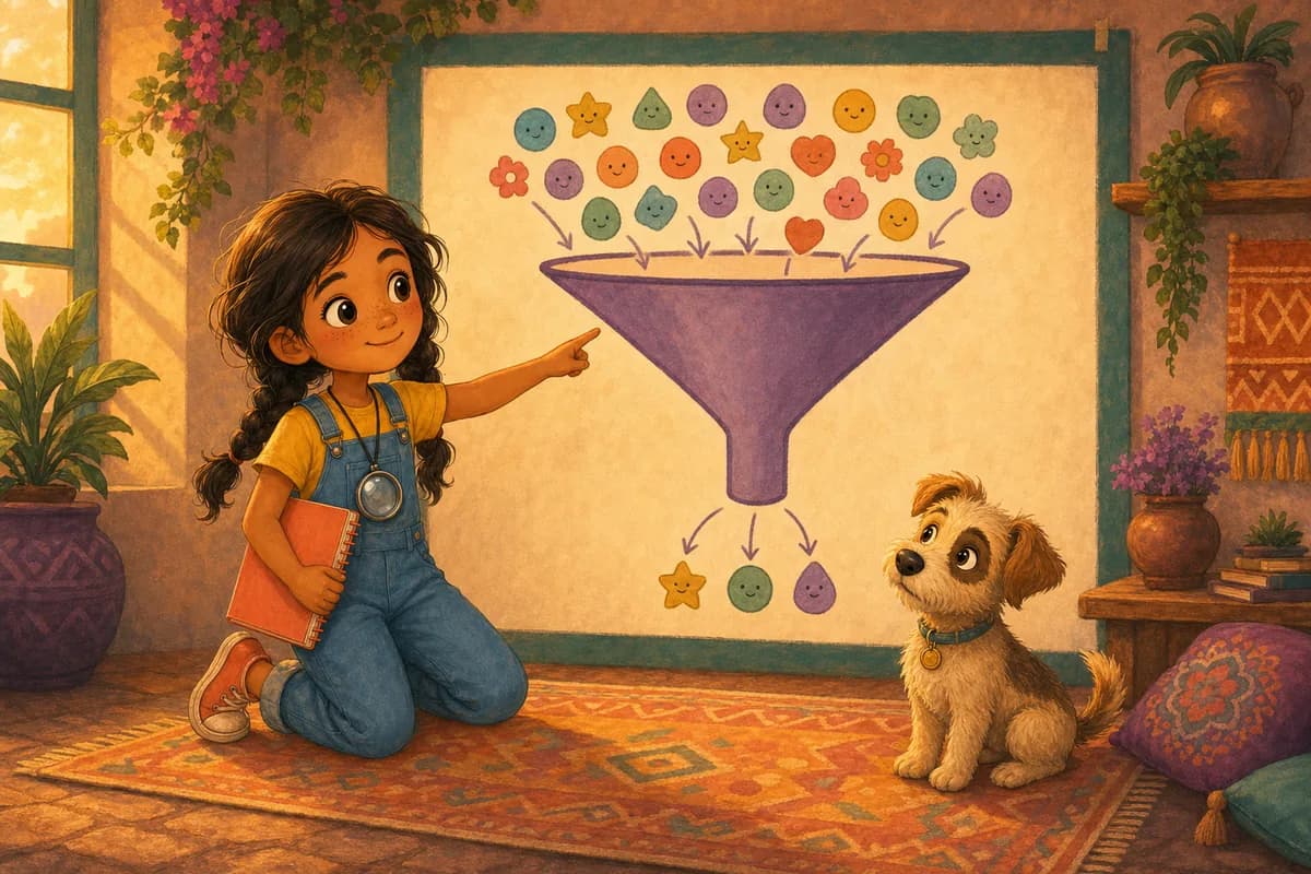 Lila junto a un gran embudo dibujado por el que entran muchos muñequitos arriba y salen pocos abajo, observando pensativa, mientras Coco mira caer.
