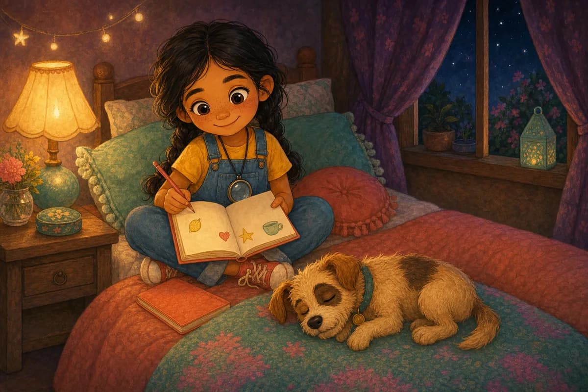 De noche, Lila escribe en su diario a la luz de una lamparita, sonriendo, mientras Coco duerme a sus pies. Escena íntima de cierre.