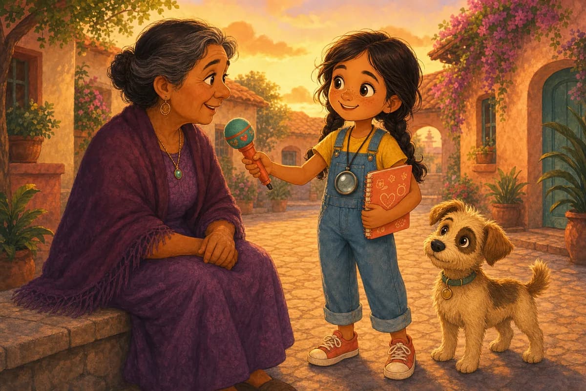 Lila entrevista con amabilidad a una vecina, cuaderno y micrófono de juguete en mano, mientras Coco escucha atento.