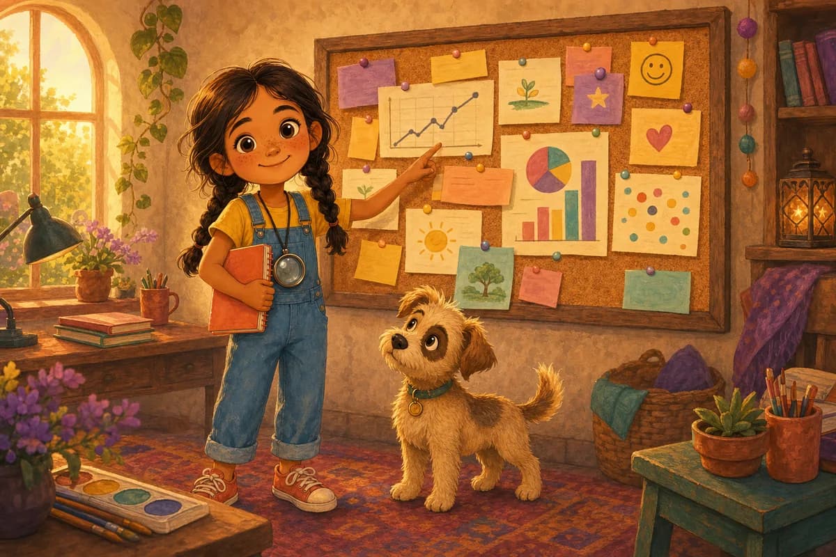 Lila frente a un corcho lleno de notitas y números, como un tablero, mientras Coco mira hacia arriba.