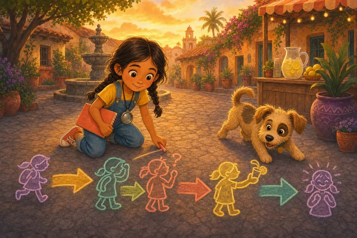 Lila dibuja con tiza en el suelo, con flechas, el recorrido que hace un clientito en su puesto, mientras Coco sigue las flechas.