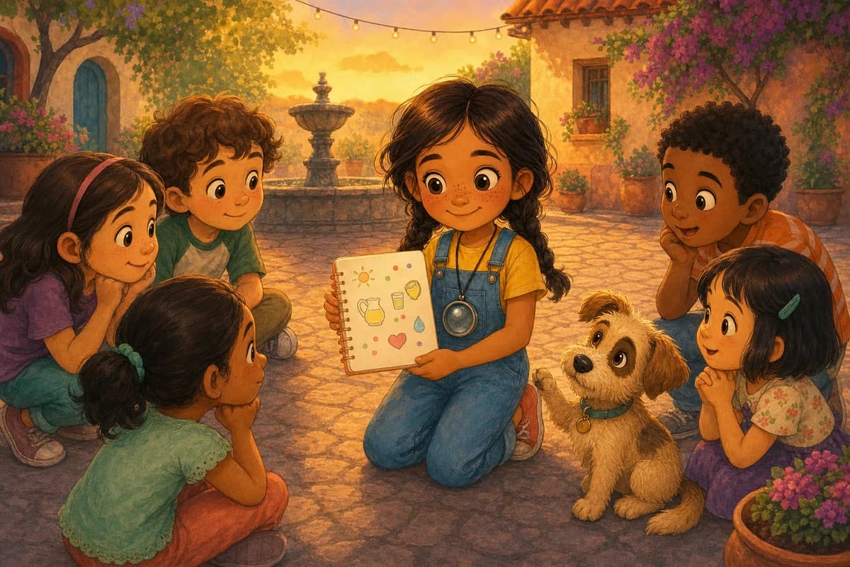 Lila cuenta cuántos vecinos querrían su molinillo haciendo palitos en su cuaderno, con Coco al lado.
