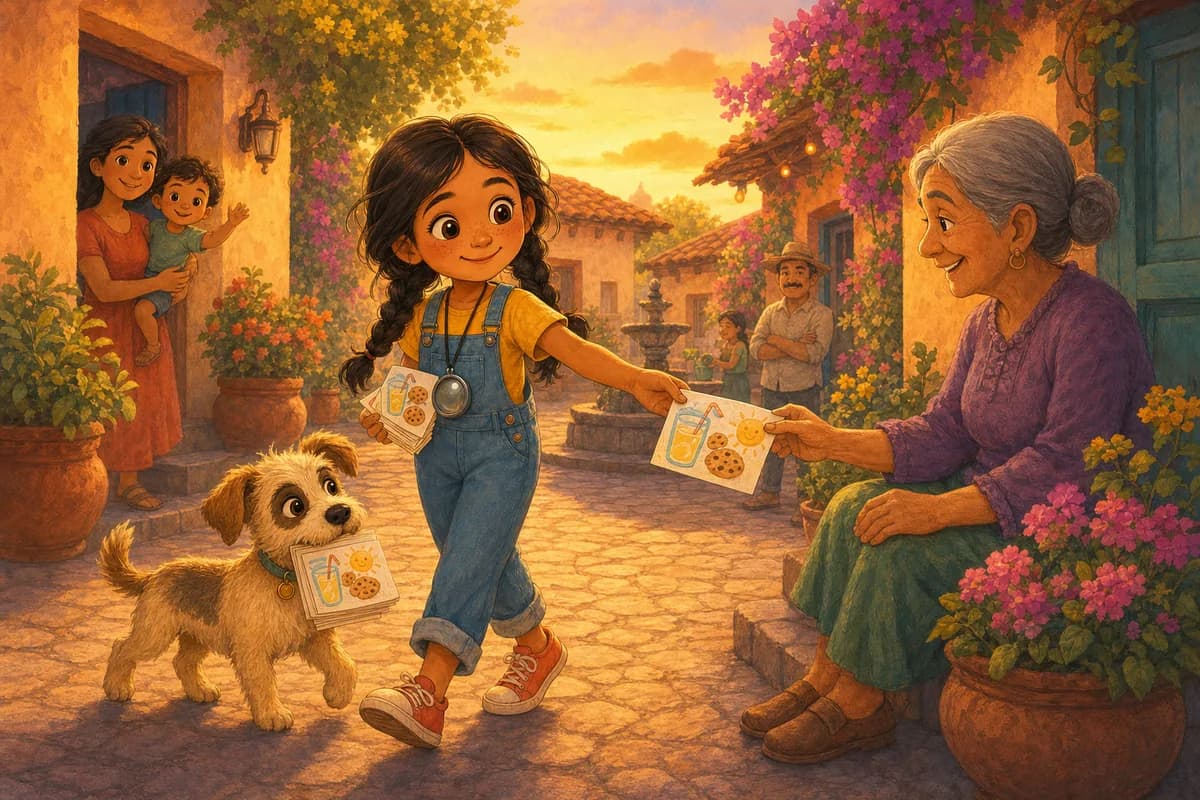 Lila reparte volantes hechos a mano por el barrio, planeando a quién llegar, mientras Coco lleva un fajo de volantes en el hocico.