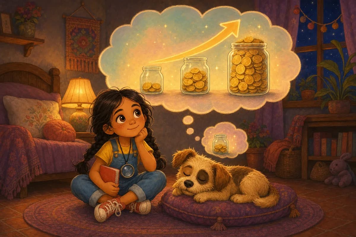 Lila imagina, en una nube de pensamiento, un frasco de monedas que crece y una flechita hacia arriba, mientras Coco sueña a su lado.