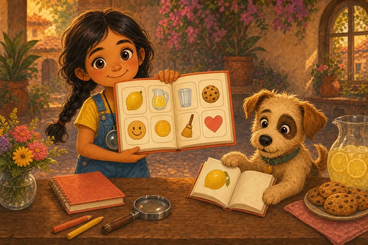 Lila escribe un recetario ilustrado con los pasos de su puesto y se lo pasa a una amiga, mientras Coco hojea otro.