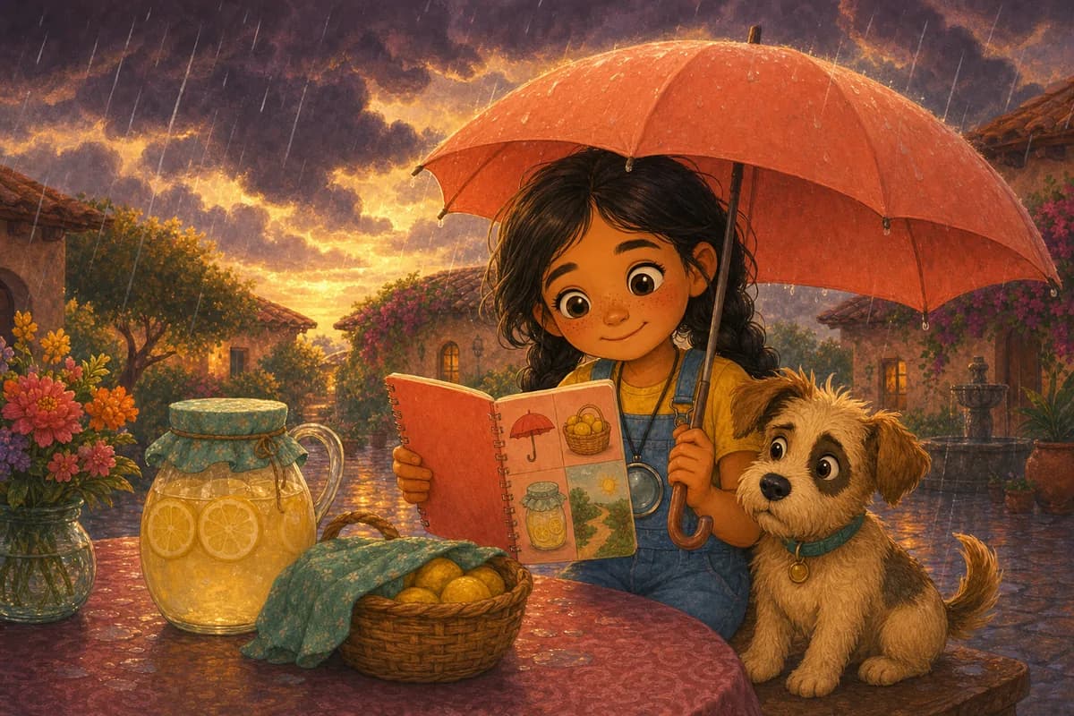 Lila, con un paraguas y un plan B en su cuaderno, mira unos nubarrones dibujados, mientras Coco se cobija a su lado.