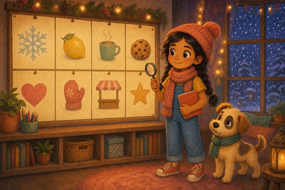 Lila, abrigada, frente a un calendario de varios meses, mientras Coco lleva una bufanda y afuera cae nieve suave.