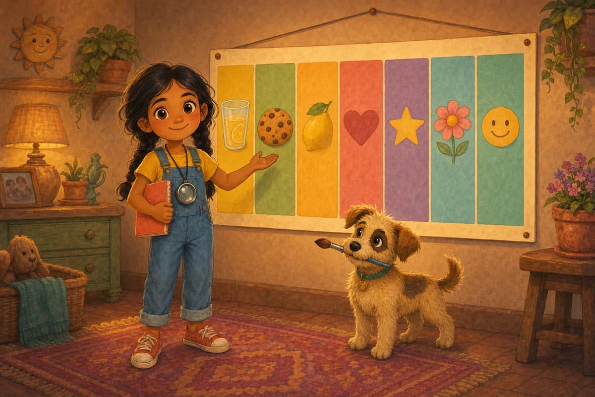 Lila frente a un calendario semanal con un cartel-dibujo distinto para cada día, mientras Coco sostiene un pincel.