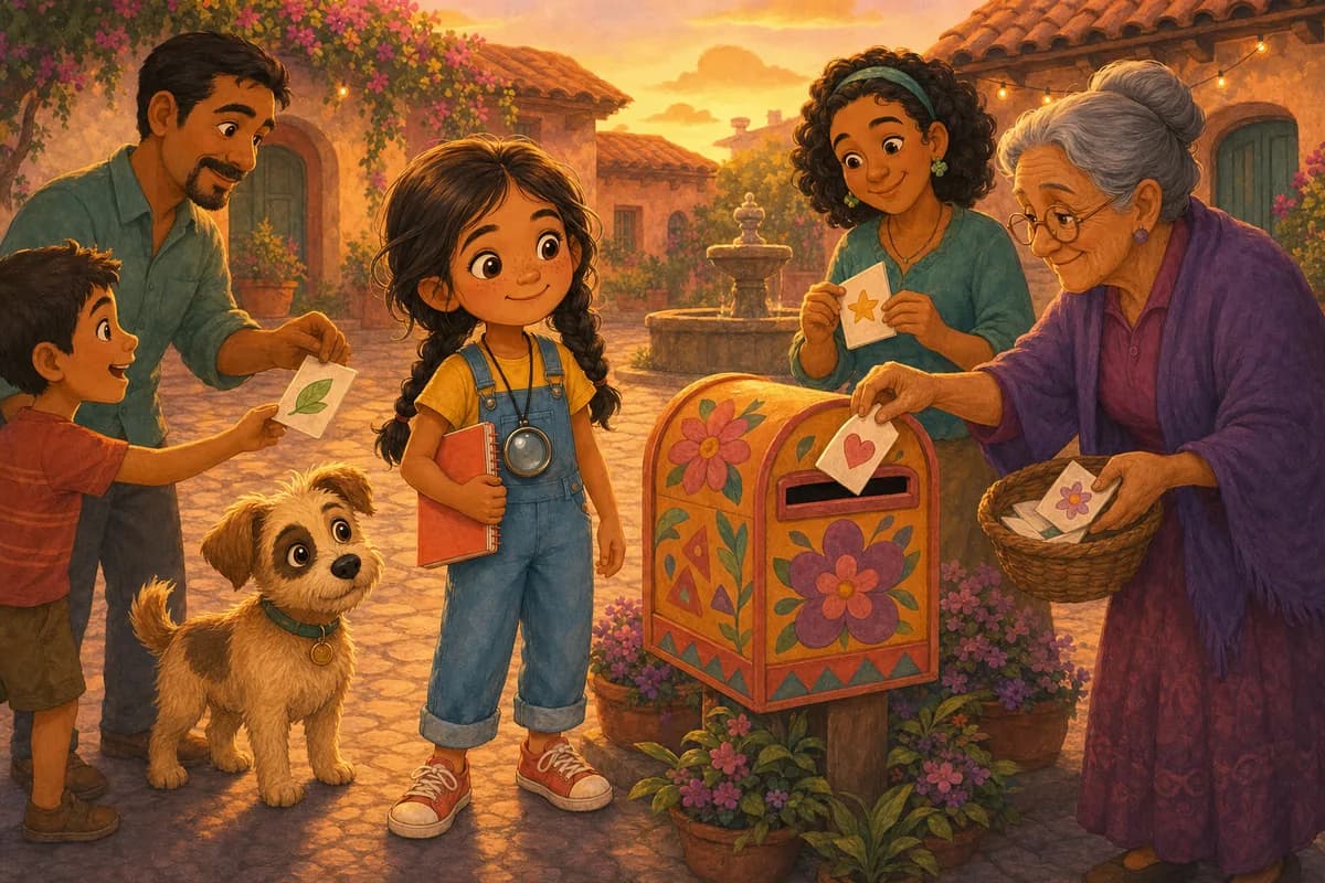 Lila junto a una cajita-buzón mientras varios vecinos echan papelitos con sus opiniones, y Coco vigila el buzón.